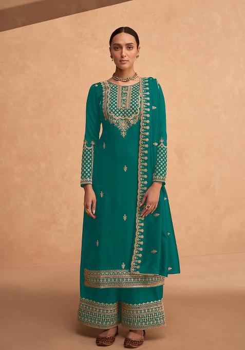Mint Green Embroidered Silk Palazzo Set With Dupatta