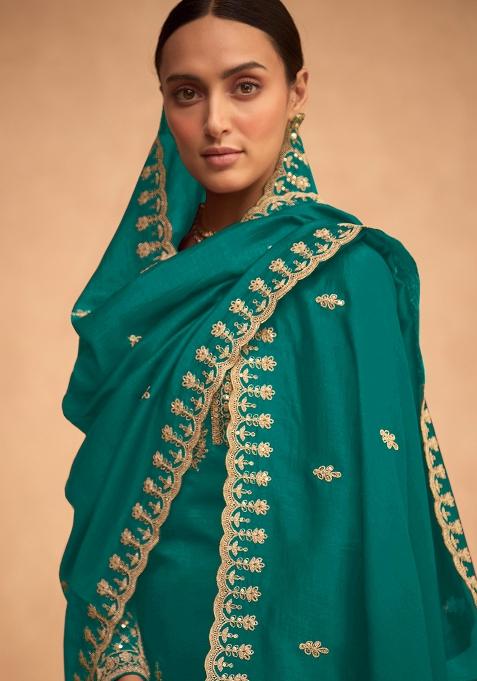 Mint Green Embroidered Silk Palazzo Set With Dupatta