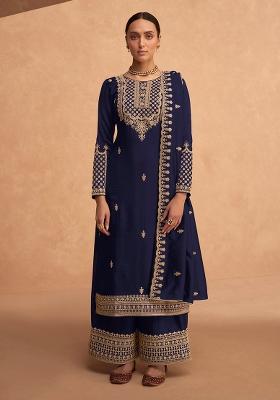 Navy Blue Embroidered Silk Palazzo Set With Dupatta