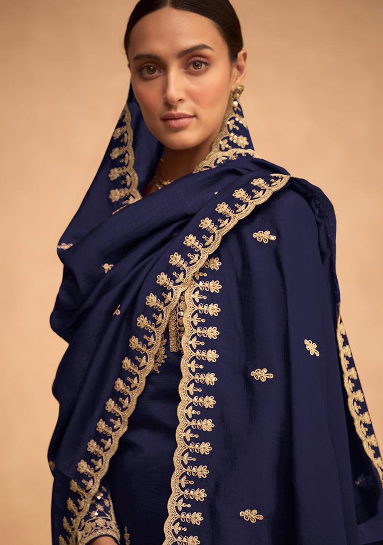Navy Blue Embroidered Silk Palazzo Set With Dupatta
