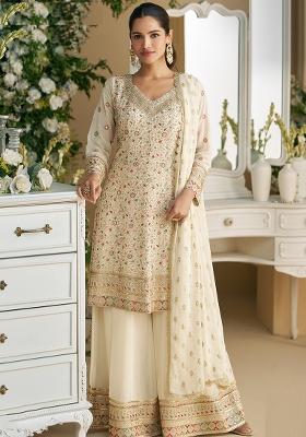 Off White Embroidered Georgette Palazzo Set With Dupatta