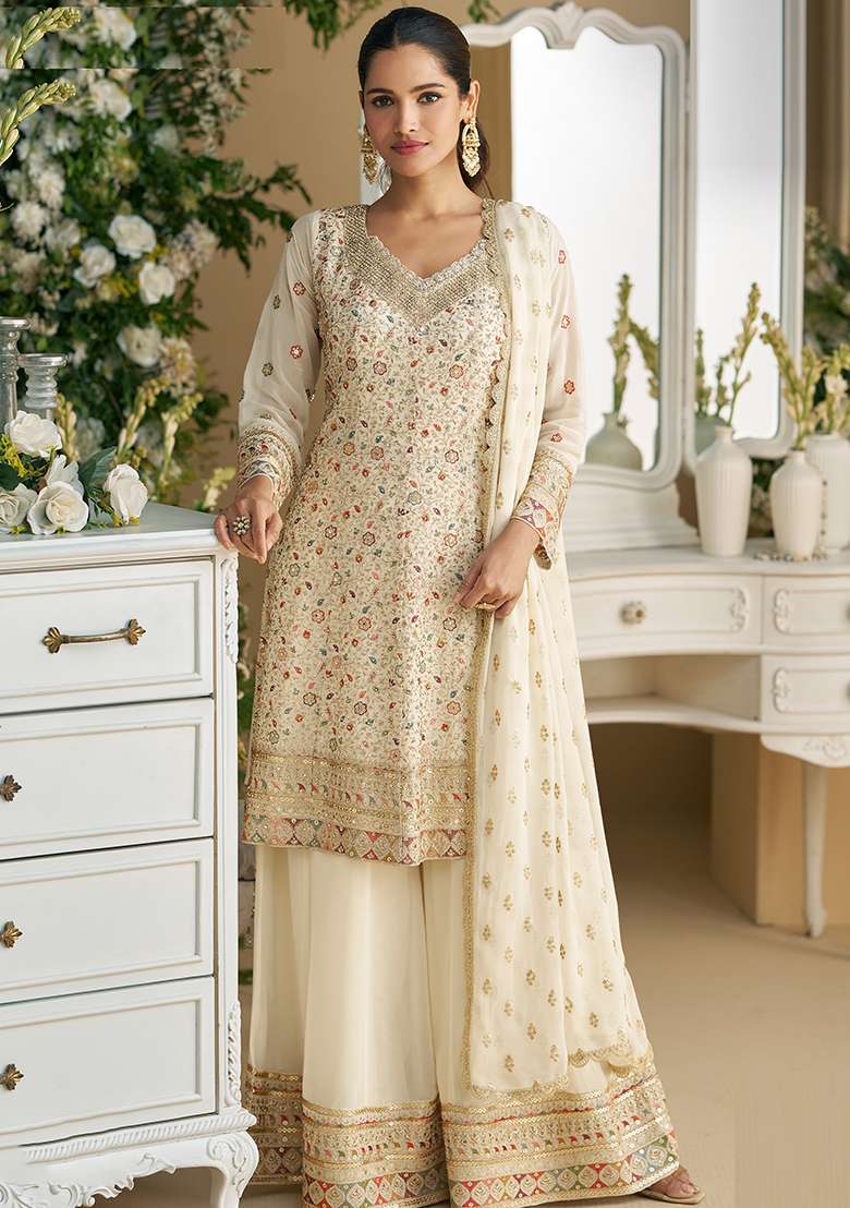 Off White Embroidered Georgette Sharara Set - Indya