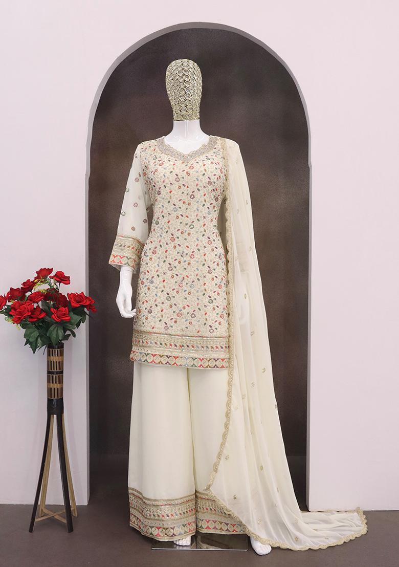 Off White Embroidered Georgette Palazzo Set With Dupatta