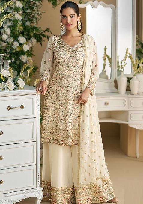 Off White Embroidered Georgette Palazzo Set With Dupatta