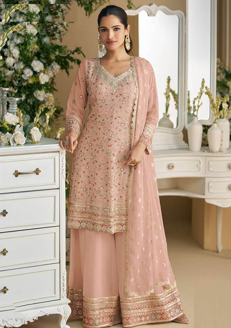 Peach Embroidered Georgette Palazzo Set With Dupatta - Indya