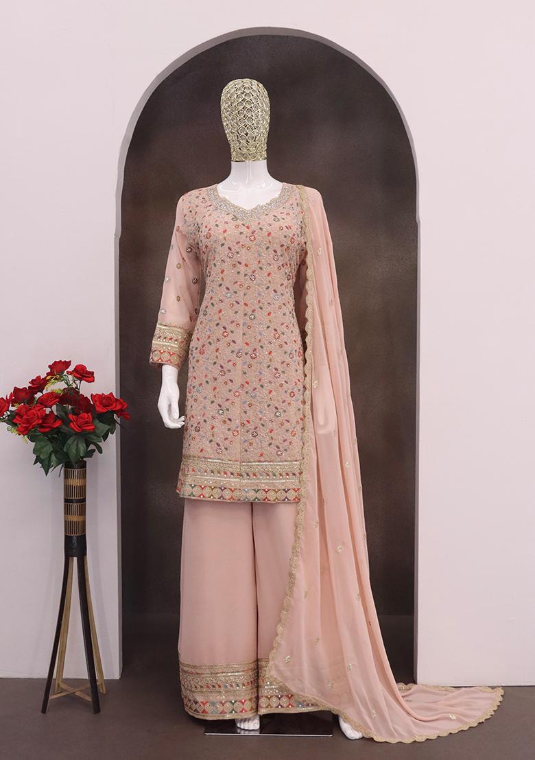 Peach Embroidered Georgette Palazzo Set With Dupatta