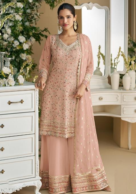 Peach Embroidered Georgette Palazzo Set With Dupatta