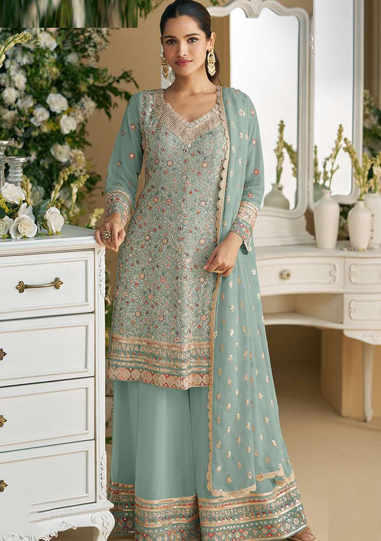 Sky Blue Embroidered Georgette Palazzo Set With Dupatta - Indya