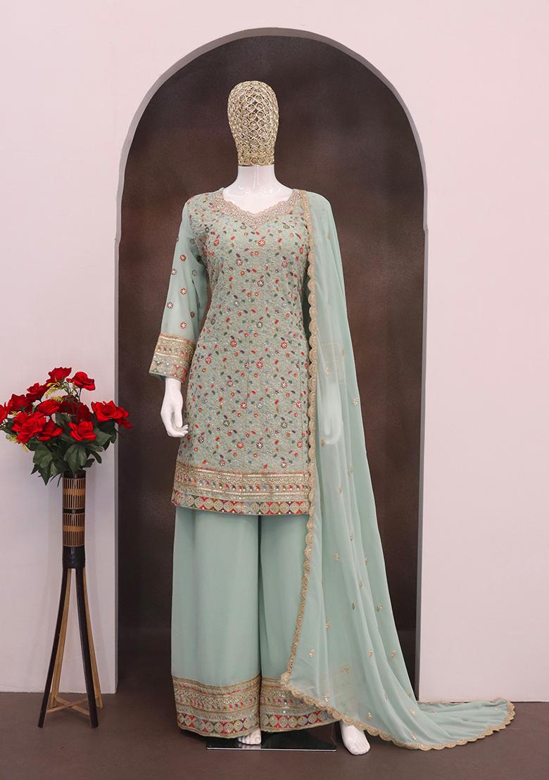 Sky Blue Embroidered Georgette Palazzo Set With Dupatta