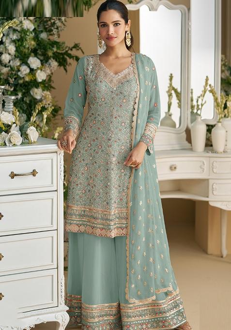 Sky Blue Embroidered Georgette Palazzo Set With Dupatta