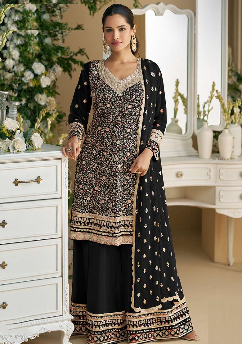 Black Embroidered Georgette Palazzo Set With Dupatta - Indya