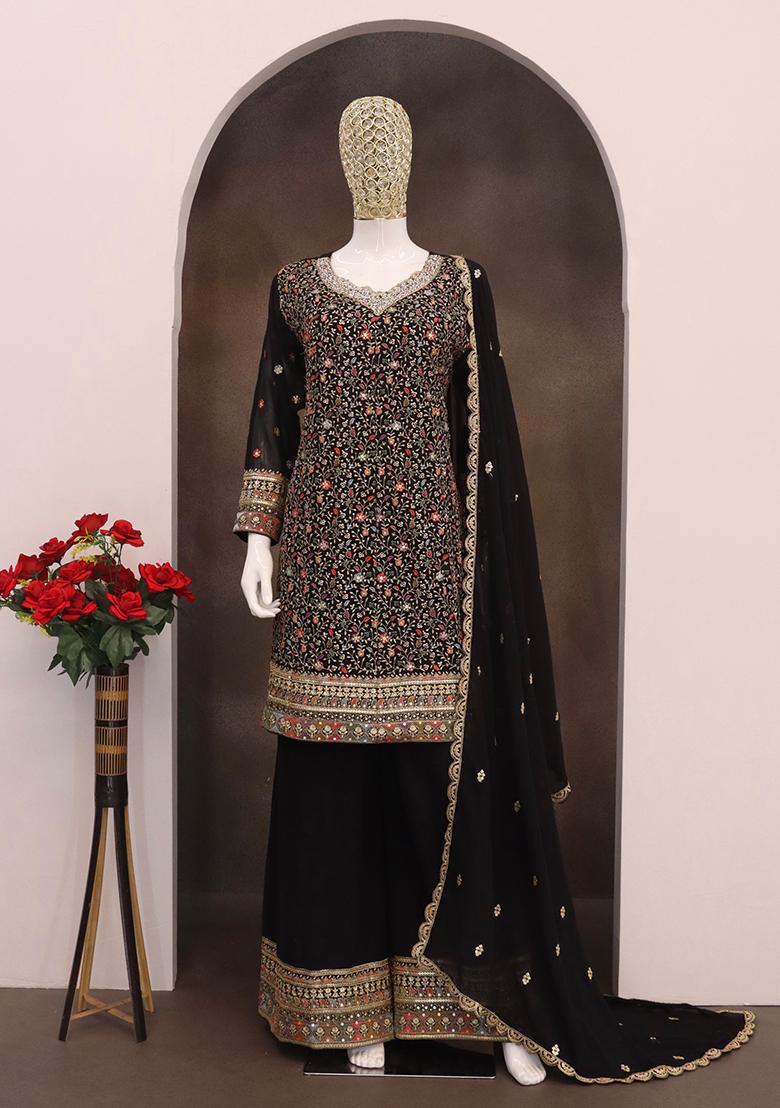 Black Embroidered Georgette Palazzo Set With Dupatta