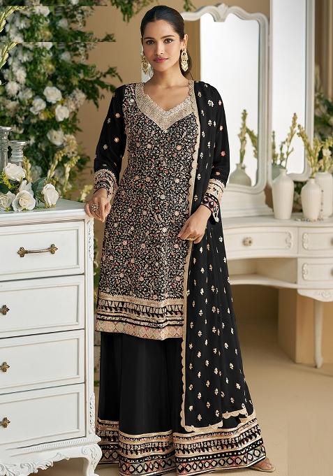 Black Embroidered Georgette Palazzo Set With Dupatta