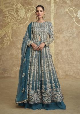 Grey Embroidered Georgette Anarkali Set With Dupatta