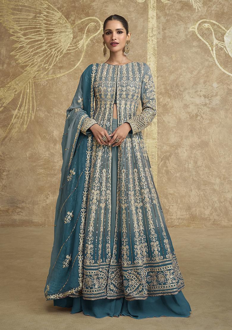 Grey Embroidered Georgette Anarkali Set With Dupatta