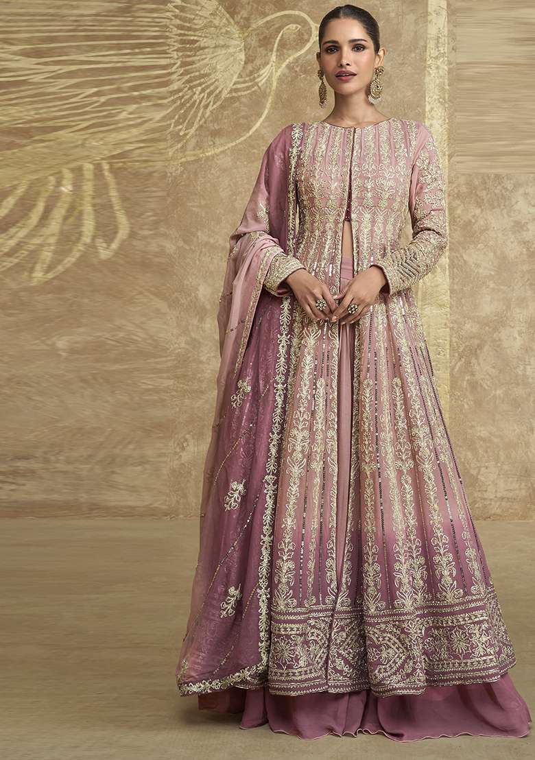 Peach Embroidered Georgette Anarkali With Dupatta - Indya