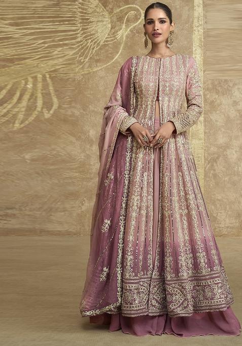Peach Embroidered Georgette Anarkali Set With Dupatta