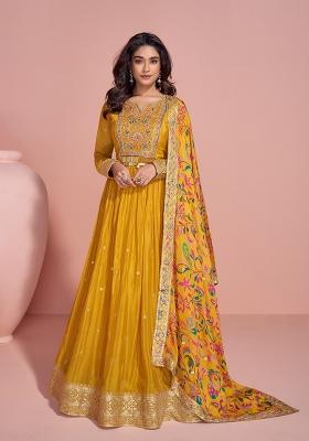 Yellow Embroidered Silk Anarkali Set With Dupatta