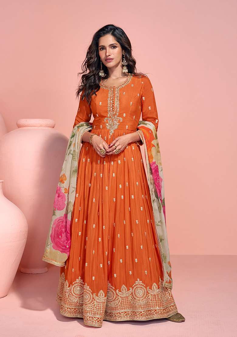 Orange Embroidered Silk Anarkali With Dupatta - Indya