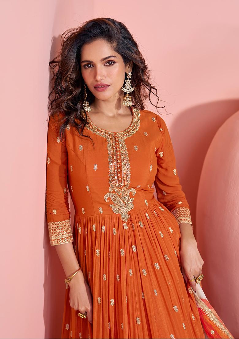 Orange Embroidered Silk Anarkali Set With Dupatta