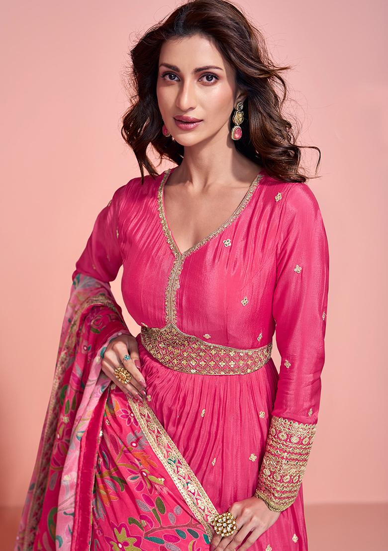 Pink Embroidered Silk Anarkali Set With Dupatta