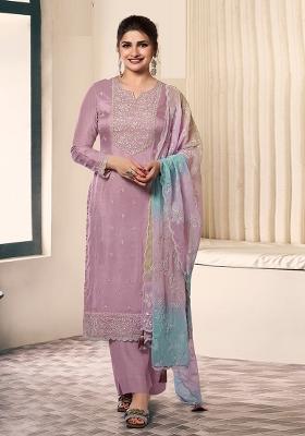 Lavender Embroidered Silk Salwar Kameez With Dupatta