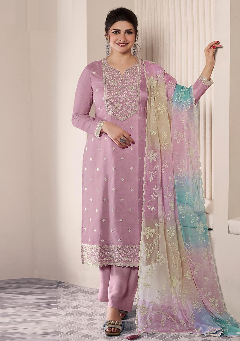 Lavender Embroidered Silk Salwar Kameez With Dupatta