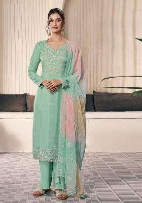 Green Embroidered Silk Salwar Kameez With Dupatta