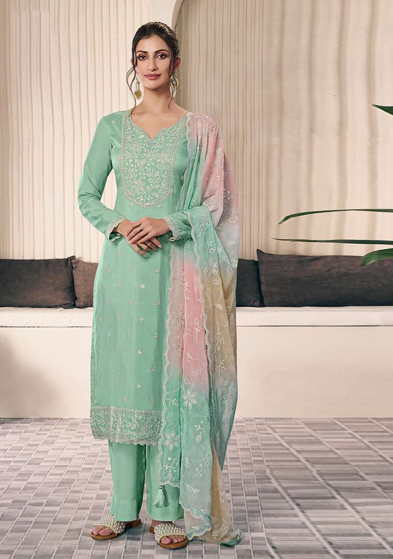 Green Embroidered Silk Salwar Kameez With Dupatta - Indya