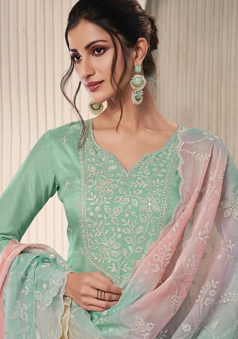 Green Embroidered Silk Salwar Kameez With Dupatta