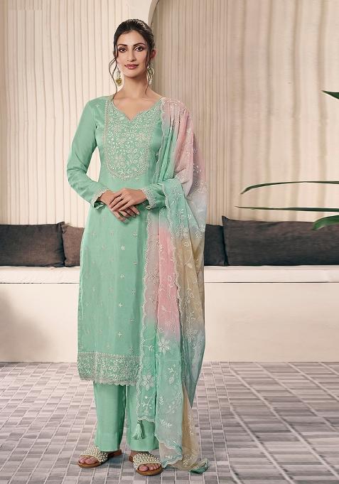 Green Embroidered Silk Salwar Kameez With Dupatta
