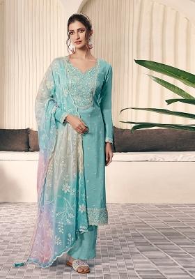 Aqua Blue Embroidered Silk Salwar Kameez With Dupatta