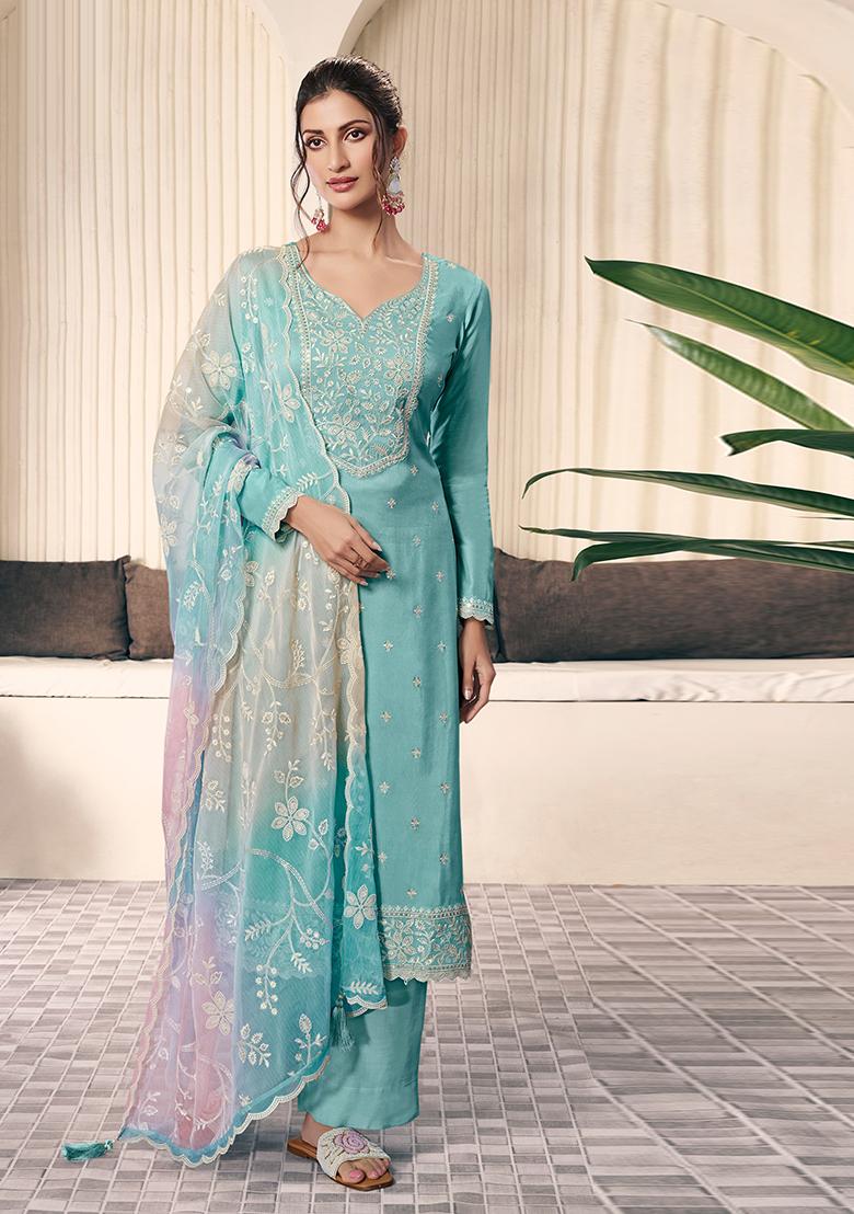 Aqua Blue Embroidered Silk Salwar Kameez With Dupatta