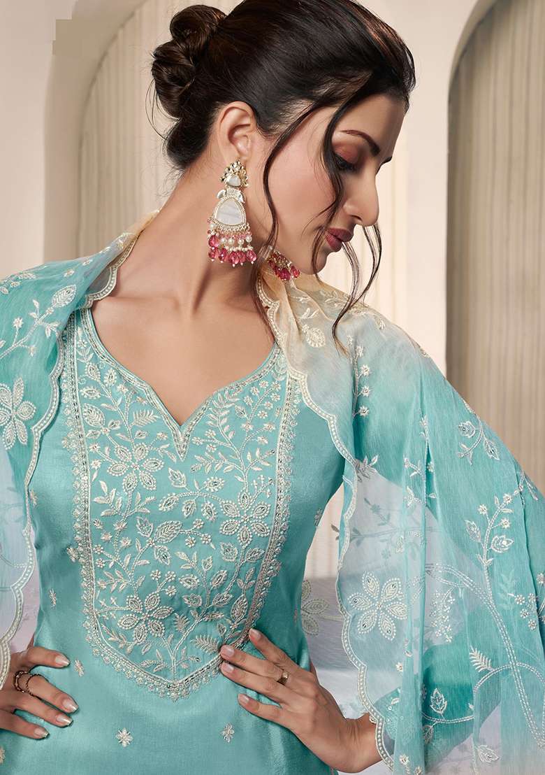 Aqua Blue Embroidered Silk Salwar Kameez With Dupatta - Indya