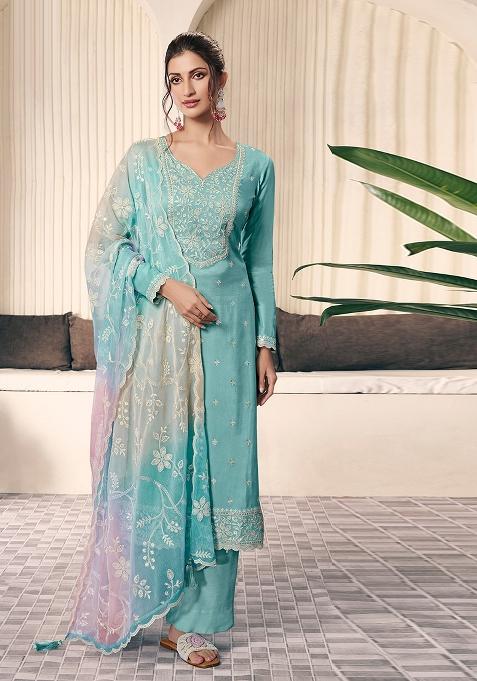 Aqua Blue Embroidered Silk Salwar Kameez With Dupatta