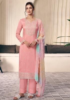 Peach Embroidered Silk Salwar Kameez With Dupatta
