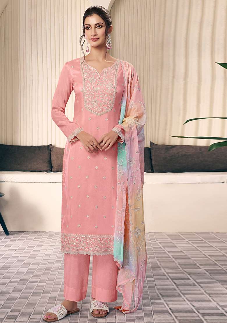 Peach Embroidered Silk Salwar Kameez With Dupatta - Indya