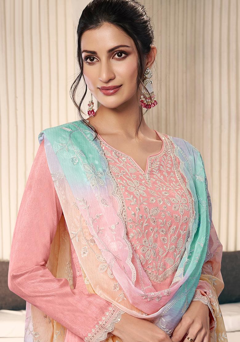 Peach Embroidered Silk Salwar Kameez With Dupatta