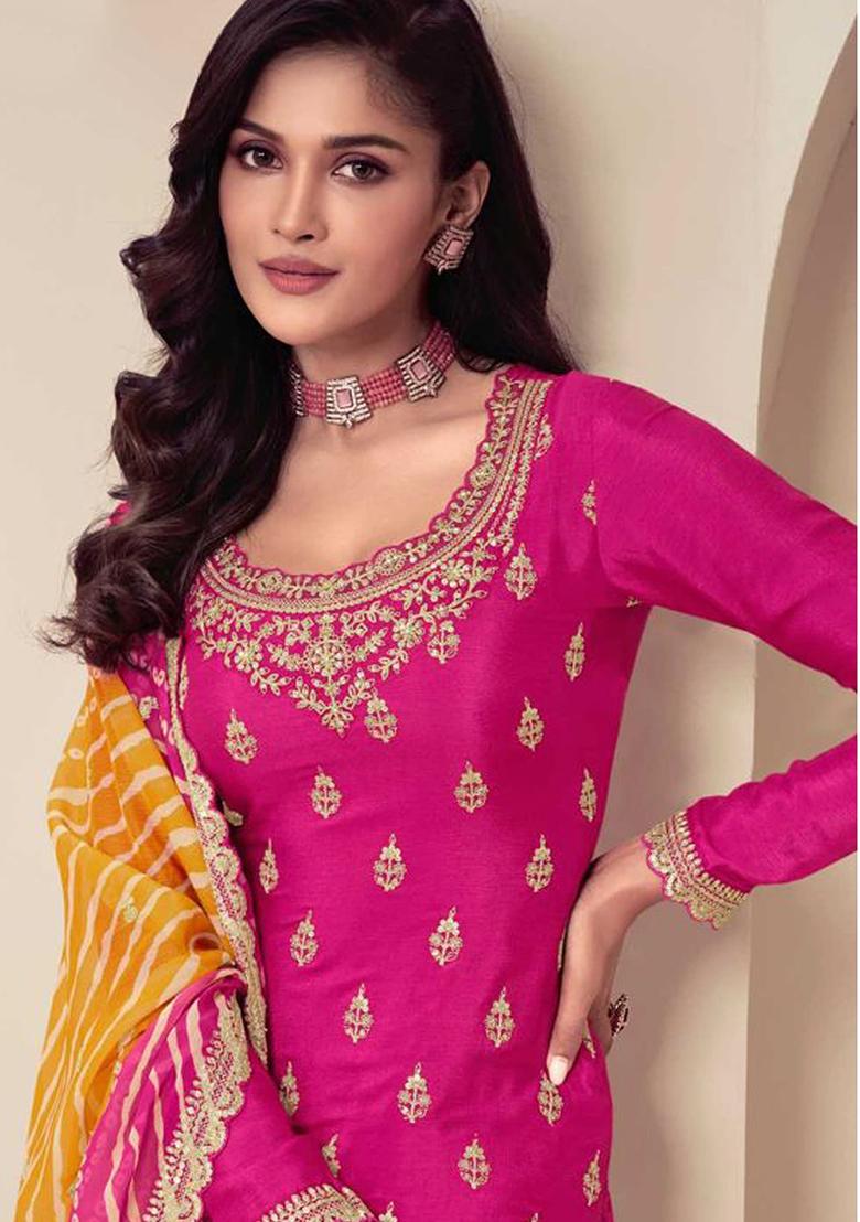Pink Embroidered Silk Salwar Kameez With Dupatta