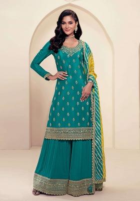 Green Embroidered Silk Palazzo Set With Dupatta