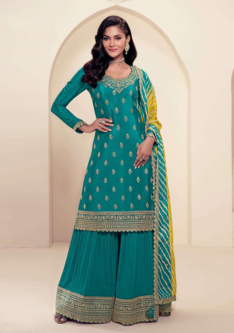 Green Embroidered Silk Palazzo Set With Dupatta