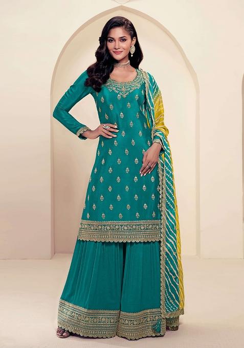 Green Embroidered Silk Palazzo Set With Dupatta