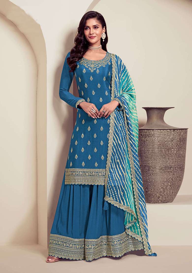 Teal Blue Embroidered Silk Palazzo Set With Dupatta - Indya