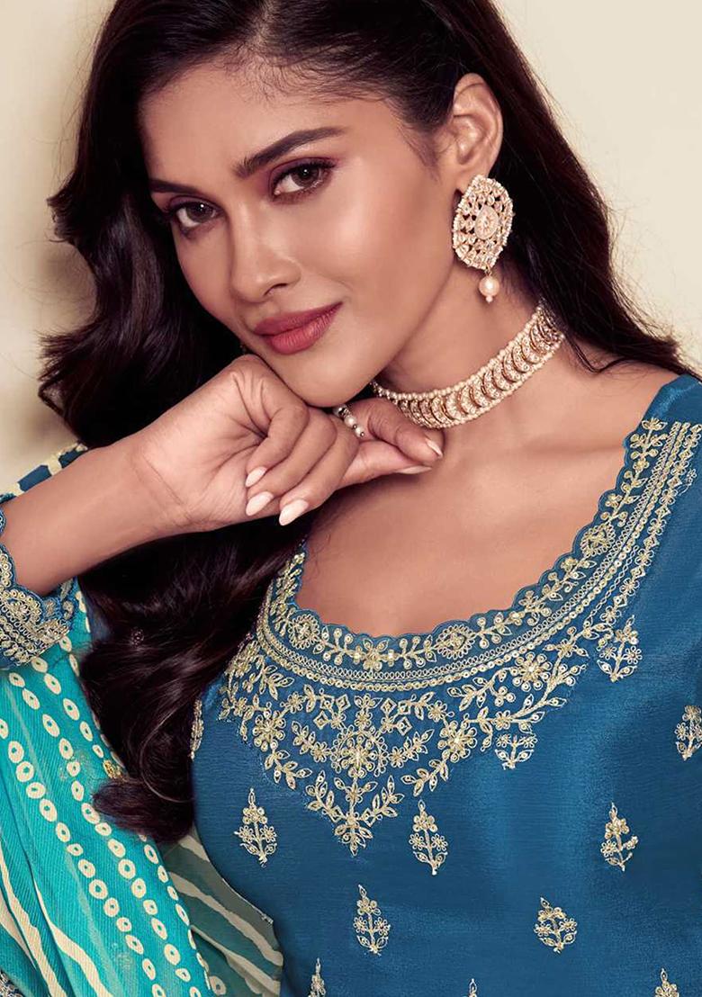 Teal Blue Embroidered Silk Palazzo Set With Dupatta