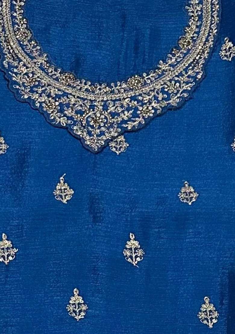 Teal Blue Embroidered Silk Palazzo Set With Dupatta - Indya