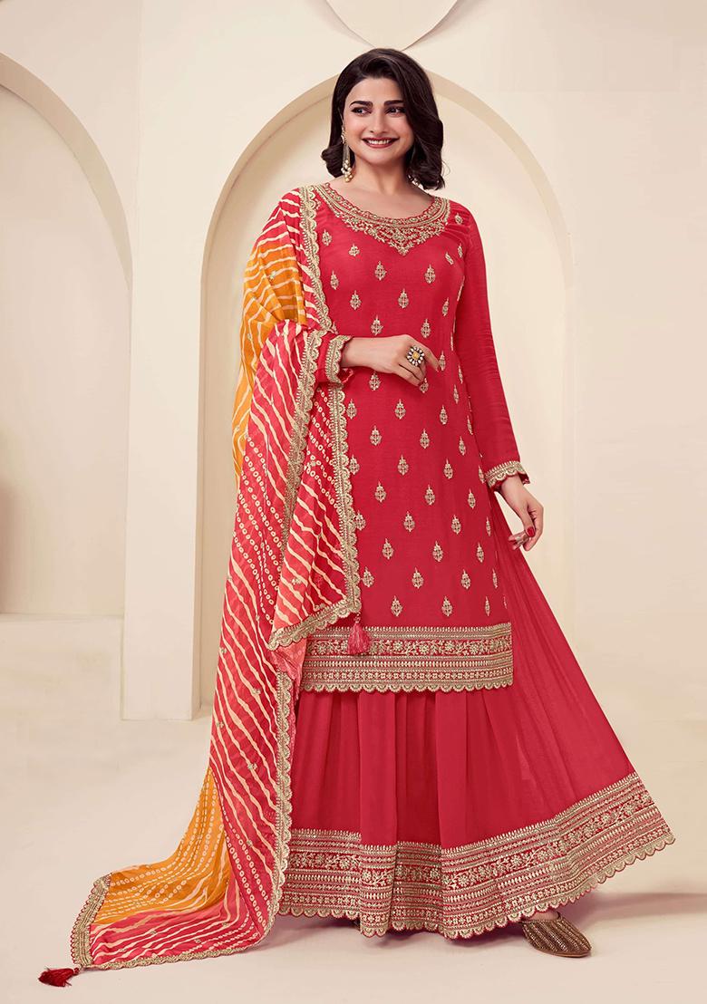 Red Embroidered Silk Palazzo Set With Dupatta