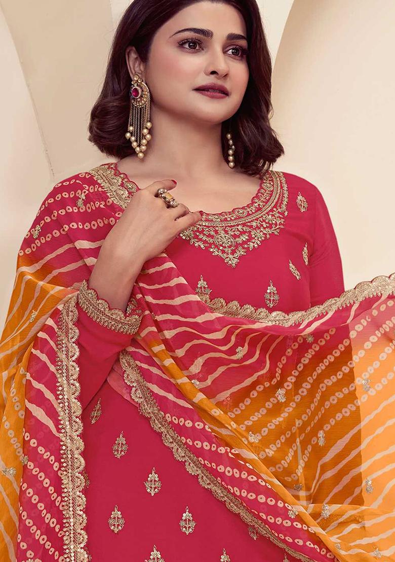 Red Embroidered Silk Palazzo Set With Dupatta