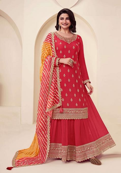 Red Embroidered Silk Palazzo Set With Dupatta