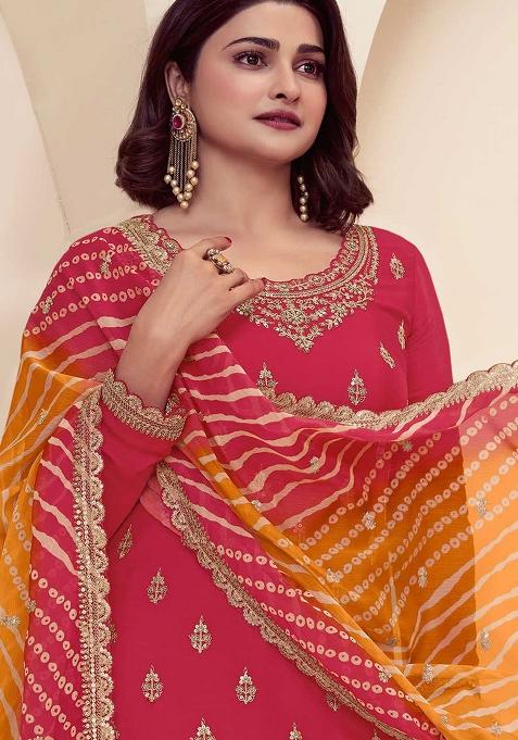 Red Embroidered Silk Palazzo Set With Dupatta