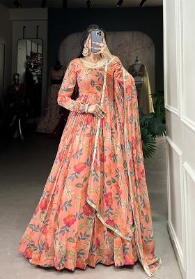 Peach Floral Print Georgette Anarkali Set With Dupatta